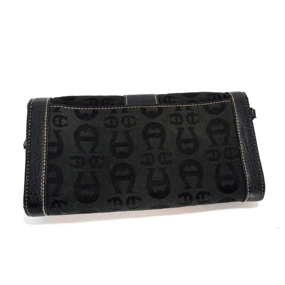 Black Etienne Aigner Monogram Canvas & Leather Wallet‎ Clutch Buckle Closure